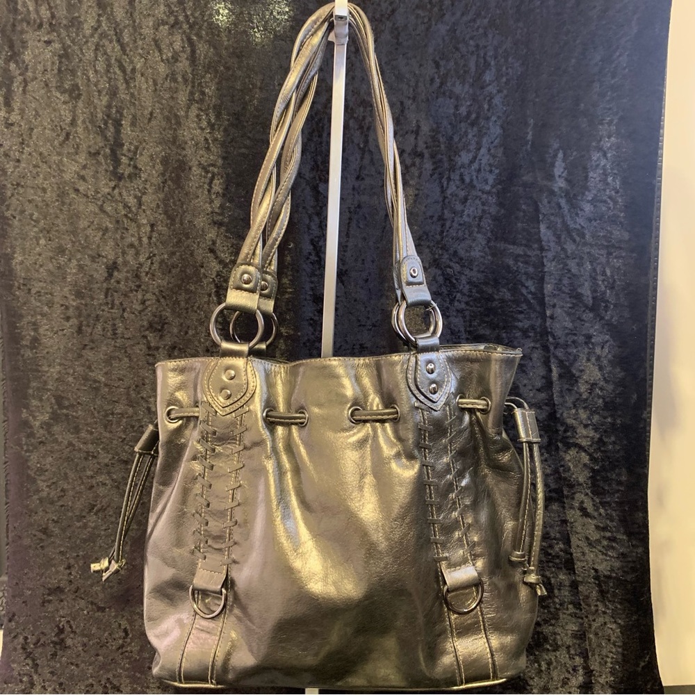 Pewter, leather purse